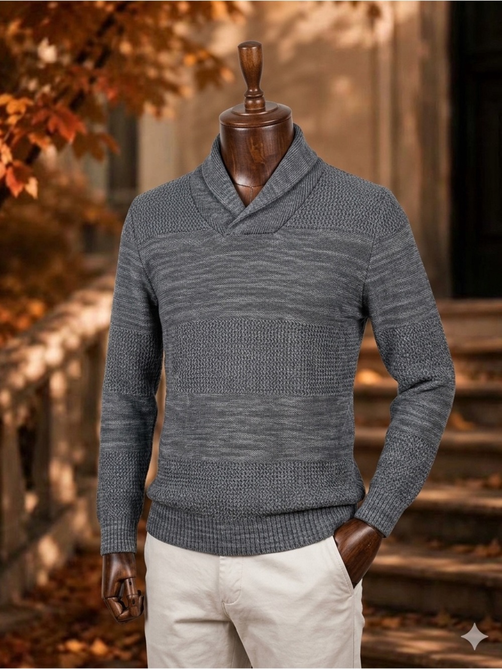 SUN + STONE Men's Blue Marled Knit Shawl Collar Pullover Sweater - Size M